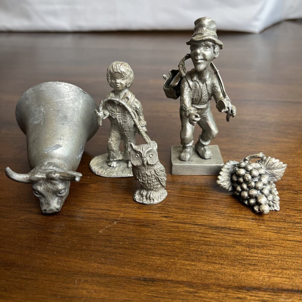 Pewter Mini Figurines Lot of 5: Fisherman Boy Grapes Owl And Bull Head (No Bell)